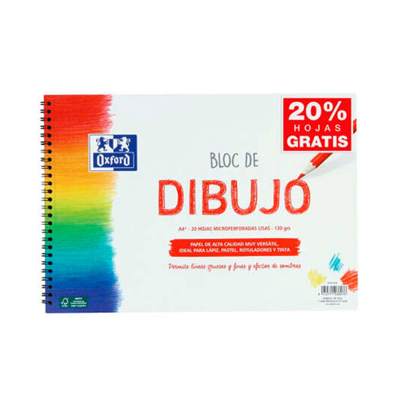 Oxford Bloc de Dibujo Escolar Espiral Formato A4+ Liso - 20 Hojas Microperforadas 130gr Color natural - Papel de Superfície Rugosa (5 unidades)