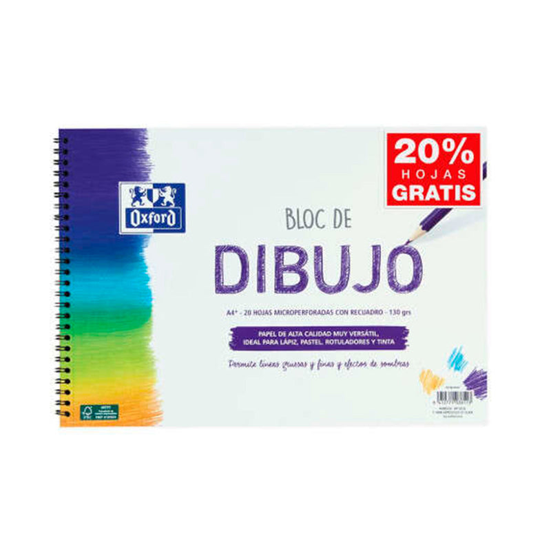 Oxford Bloc de Dibujo Escolar Espiral Formato A4+ con Reacuadro - 20 Hojas Microperforadas 130gr Color natural - Papel de Superfície Rugosa (5 unidades)