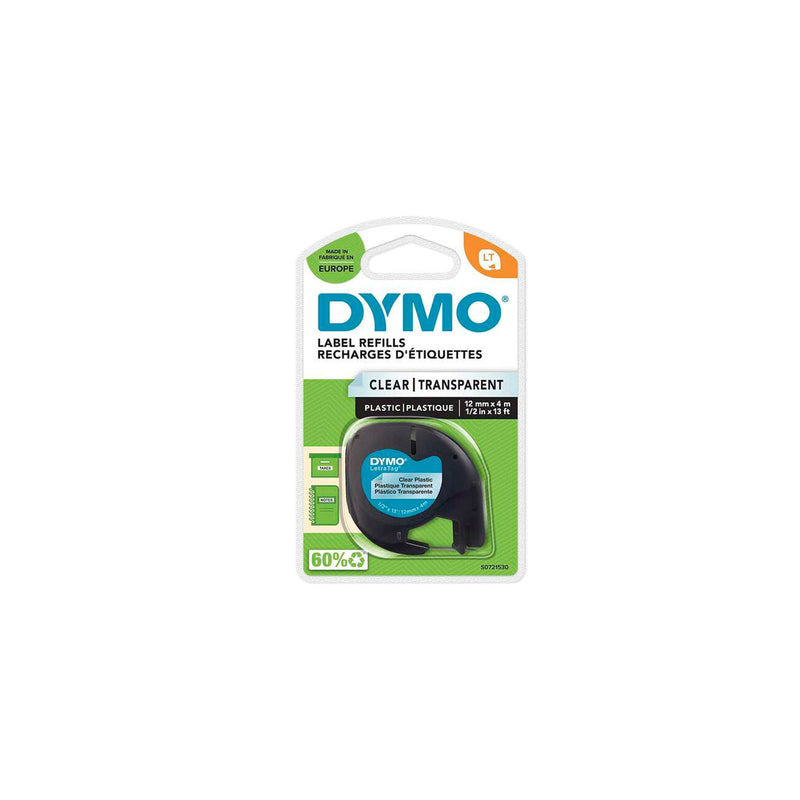 Dymo LetraTag S0721530 Cinta de Etiquetas Original para Rotuladora - Texto negro sobre fondo transparente - Ancho 12mm x 4 metros (12267)