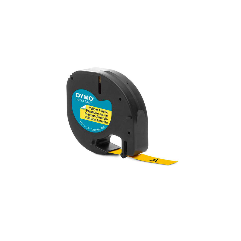 Dymo LetraTag S0721620 Cinta de Etiquetas Original para Rotuladora - Texto negro sobre fondo amarillo - Ancho 12mm x 4 metros (91202)