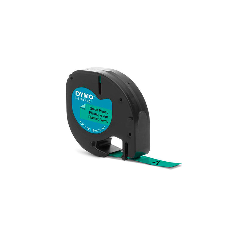 Dymo LetraTag S0721640 Cinta de Etiquetas Original para Rotuladora - Texto negro sobre fondo verde - Ancho 12mm x 4 metros (91204)