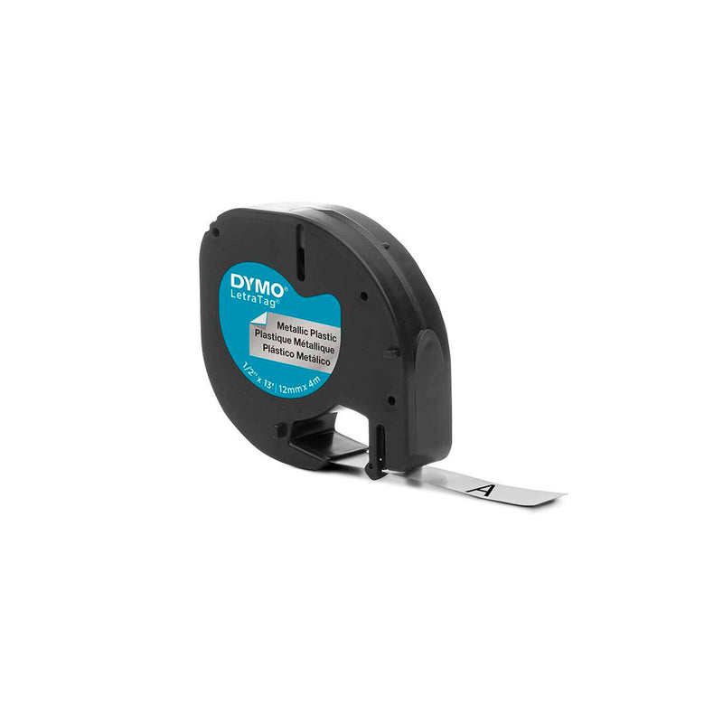 Dymo LetraTag S0721730 Cinta de Etiquetas Original para Rotuladora - Texto negro sobre fondo metalico - Ancho 12mm x 4 metros (91208)