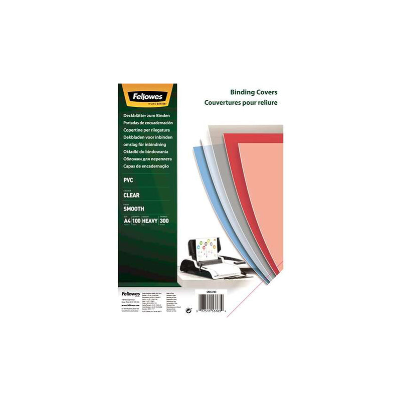 Fellowes Pack de 100 Portadas para Encuadernar de PVC A4 - 300 Micras - Muy Resistentes - Transparente