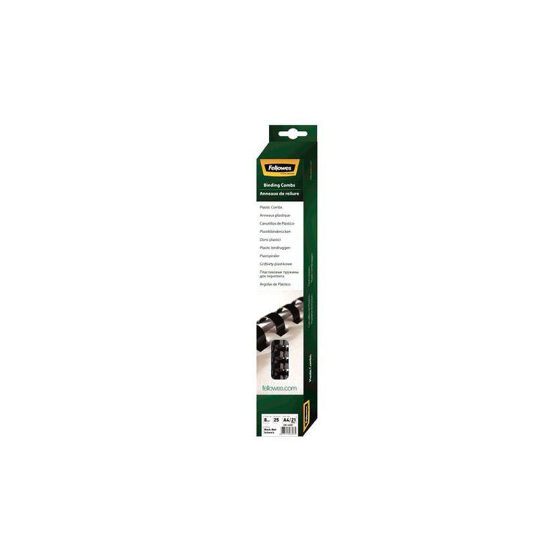 Fellowes Pack de 25 Canutillos de Plastico 8mm - Hasta 40 Hojas - Facil de Utilizar y Flexible - Alta Calidad - Color Negro
