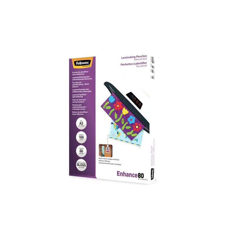 Fellowes Pack de 100 Fundas AutoAdhesivas para Plastificar Brillo A3 - 80 Micras - Alta Calidad - Transparente