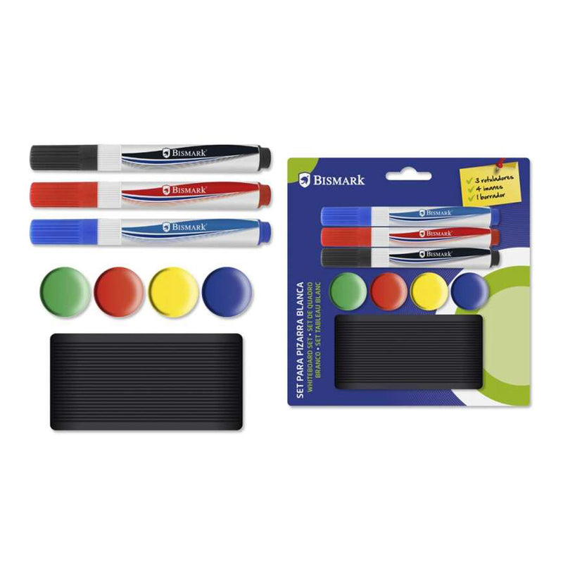 Bismark Pack de 3 Rotuladores para Pizarra + 4 Imanes + Borrador - Colores Surtidos