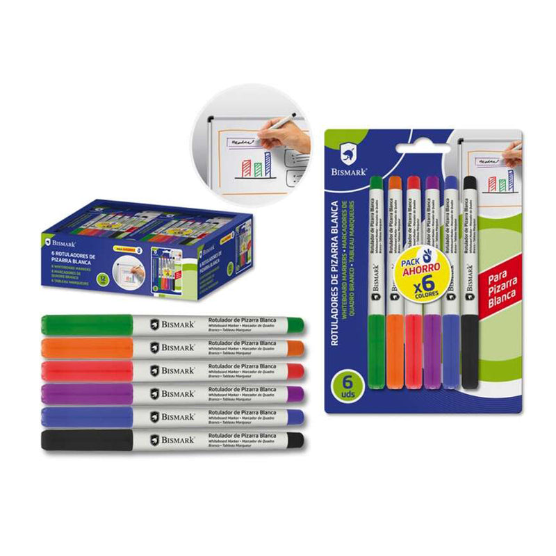Bismark Pack de 6 Rotuladores para Pizarra Blanca - Punta Fina - Tinta de Secado Rapido - Borrado Facil - Colores Surtidos