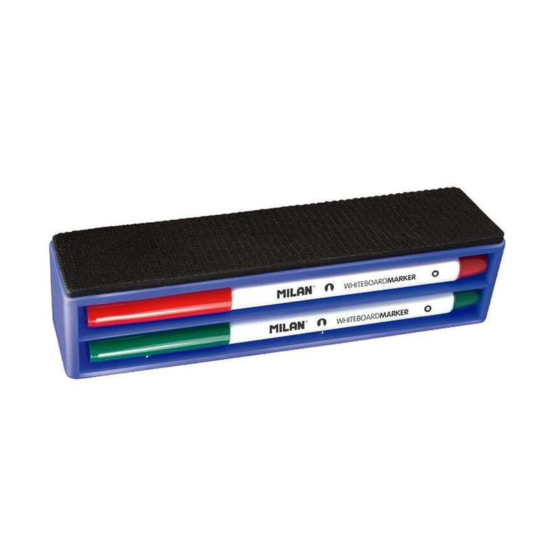 Milan Pack de Borrador Magnetico + 4 Rotuladores para Pizarra Blanca - Punta Redonda 3.7 mm - Borrables en Seco - Tinta a Base de Alcohol
