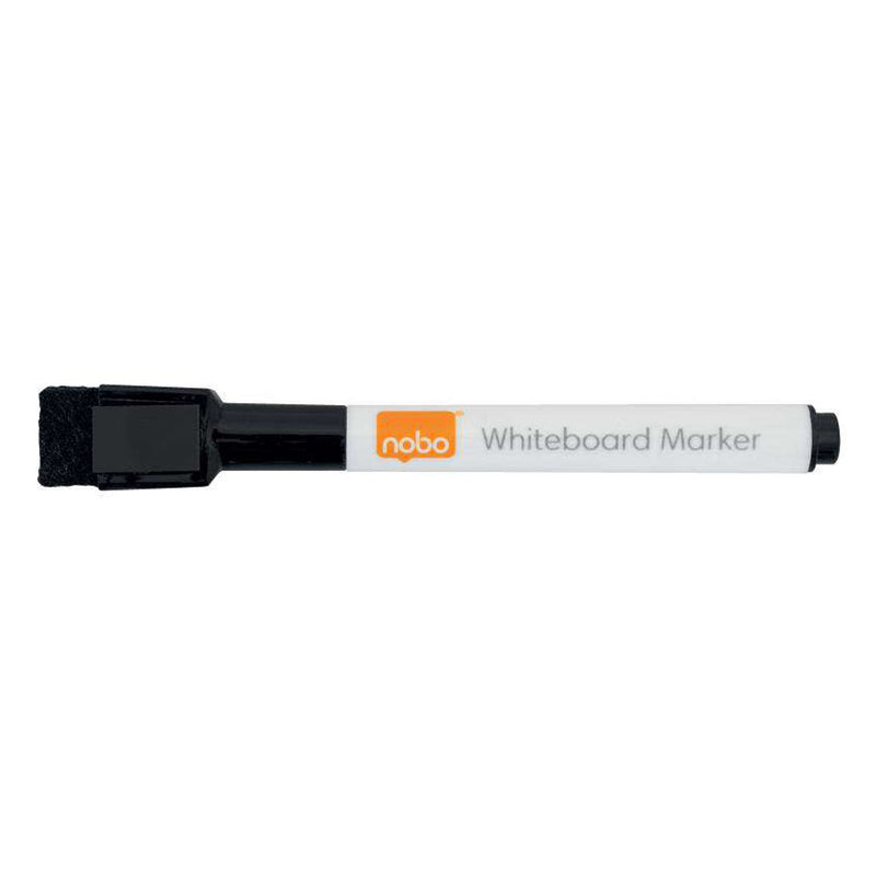 Nobo Pack de 6 Mini Rotuladores para Pizarra Blanca con Borrador Incorporado - Punta Fina de 2mm - Tapa Magnetica - Color Negro