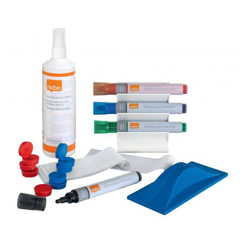 Nobo Pack de Accesorios para Pizarra Blanca - Incluye 4 Rotuladores, Borrador Magnetico, Spray de Limpieza y 10 Imanes - Practico y Completo