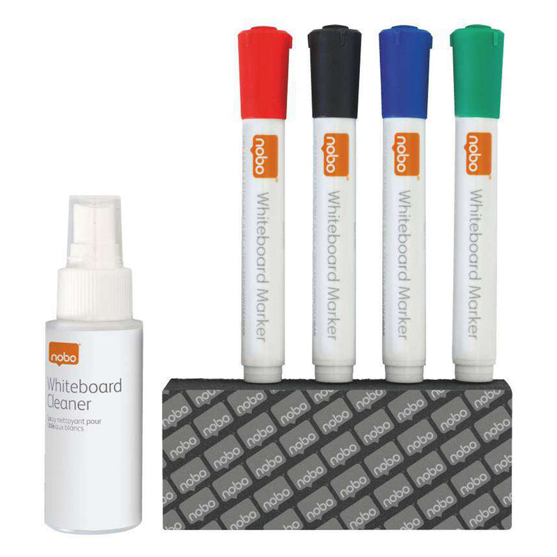 Nobo Pack de Accesorios para Pizarra Blanca - Incluye: 4 Rotuladores Pizarra, Borrador y Spray Limpiador 50Ml - Colores de los Rotuladores Negro, Azul, Rojo, Verde