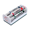 Pentel Maxiflo Pack de 4 Rotuladores para Pizarra Blanca + Borrador Magnetico - Punta de Bala - Ancho de Linea 2mm - Regulacion del Flujo de Tinta - Colores Negro, Azul, Rojo y Verde