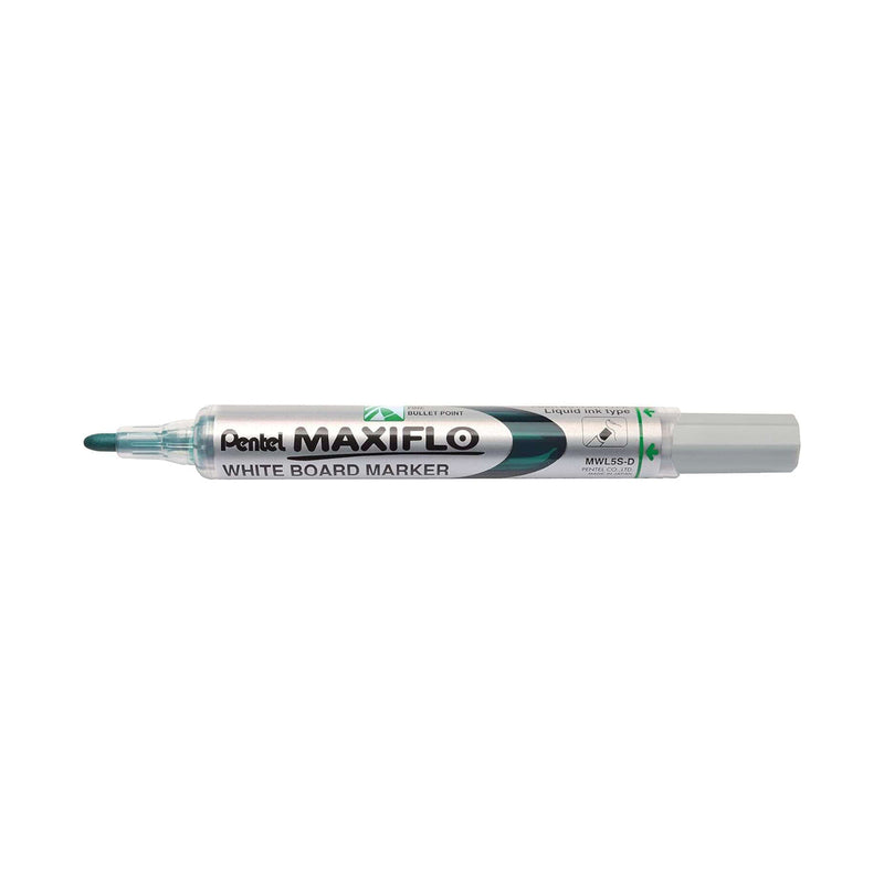 Pentel Maxiflo Rotulador para Pizarra Blanca - Punta de Bala - Ancho de Linea 2mm - Regulacion del Flujo de Tinta - 50% de Materiales Reciclados - Color Verde
