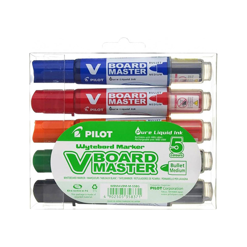 Pilot V-Board Master Begreen Pack de 5 Rotuladores para Pizarra Blanca - Punta Redonda 6mm - Trazo 2.3mm - 91% Plastico Reciclado - Recargable - Colores Surtidos