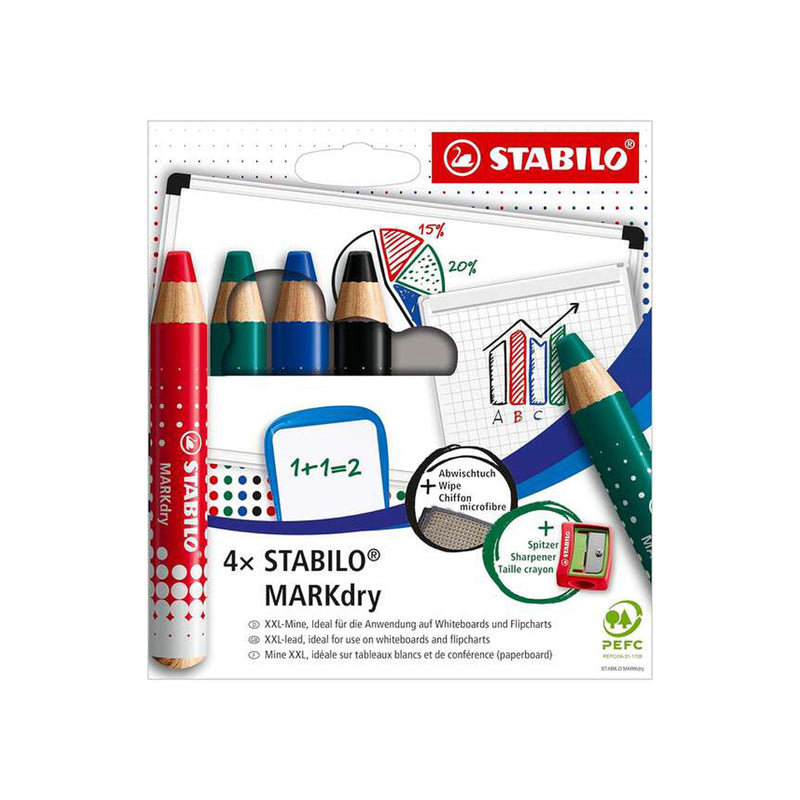 Stabilo MARKdry Pack de 4 Marcadores para Pizarra + Sacapuntas + Paño de Limpieza - Mina XXL de 10mm - Madera 100% Certificada PRFC - Colores Azul, Verde, Rojo y Negro