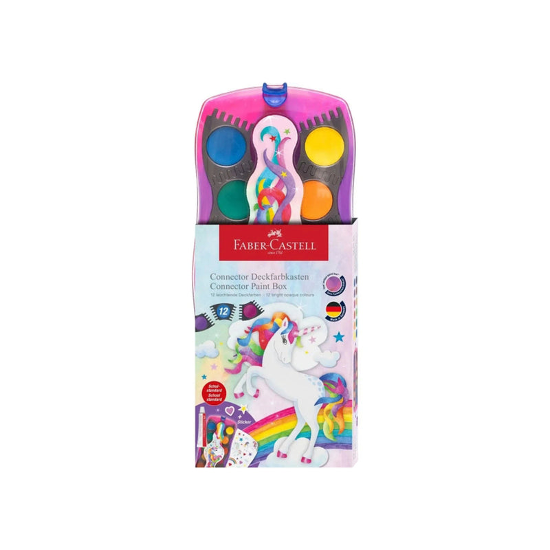 Faber-Castell Connector Unicornio Pack de 12 Acuarelas en Pastilla + Pintura Blanca Opaca + Pegatinas - Gran Opacidad - Facilmente Mezclables - Colores Surtidos