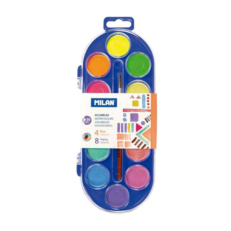 Milan Estuche de 12 Acuarelas Ø30 mm + Pincel Serie 101 - Mezclable - Colores Fluorescentes y Metalizados