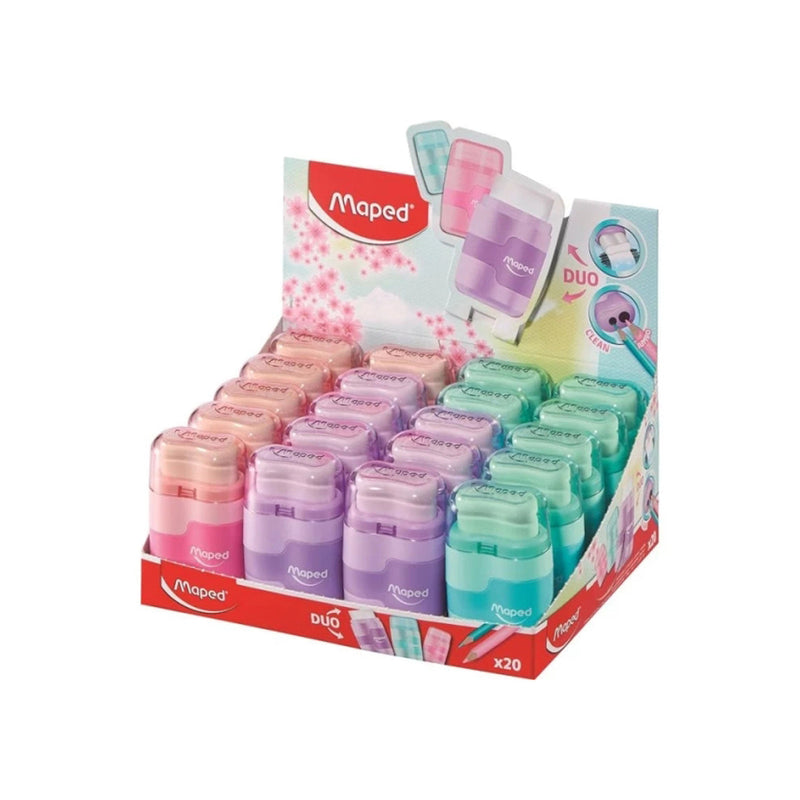Maped Connect Duo Afilaborra de 2 Orificio con Goma de Borrar - Deposito de Gran Capacidad - Forma Ergonomica - Colores Surtidos