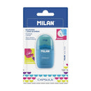 Milan Capsule Afilaborras - Sacapuntas y Goma de Borrar - Cuchilla de Acero al Carbono - Para todo tipo de Lapices - Cuchilla de Seguridad - Colores Surtidos