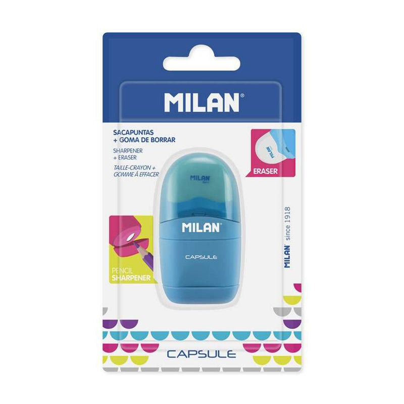 Milan Capsule Afilaborras - Sacapuntas y Goma de Borrar - Cuchilla de Acero al Carbono - Para todo tipo de Lapices - Cuchilla de Seguridad - Colores Surtidos