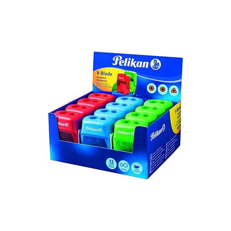 Pelikan V-Blade Sacapuntas Doble Orificio + Deposito - Colores Azul, Rojo y Verde