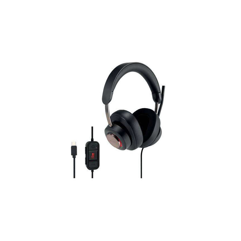 Kensington H2000 Auriculares Circumaurales con Microfono USB-C - Diadema Ajustable - Almohadillas de Gel con Efecto Refrescante - Cancelacion de Ruido - Cable Trenzado de 1.80m - Incluye Bolsa de Transporte - Color Negro