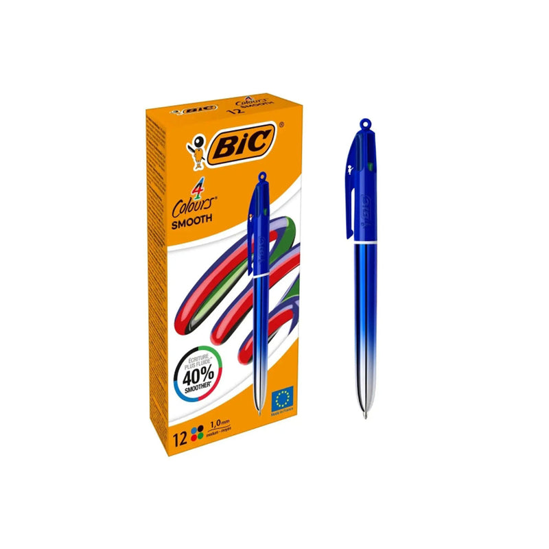 Bic 4 Colours Smooth Gradient Azul Boligrafo de Bola Retractil - Punta Media de 1.0mm - Escritura un 40% mas Suave - 4 Colores