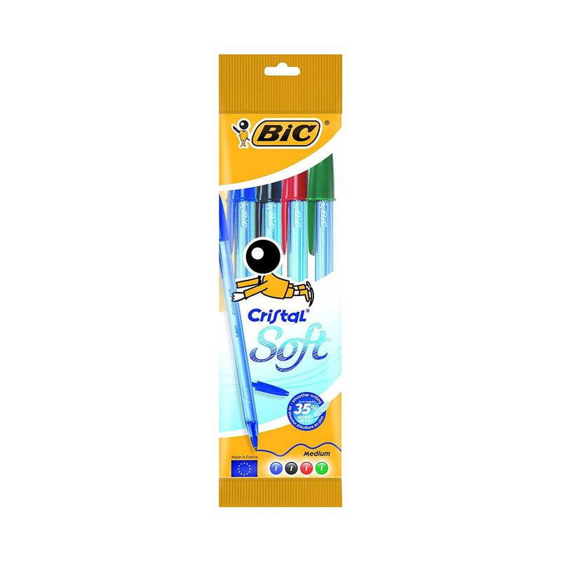 Bic Cristal Soft Pack de 4 Boligrafos de Bola - Punta Media de 1.2mm - Trazo 0.45mm - Escritura mas Fluida - Colores Surtidos
