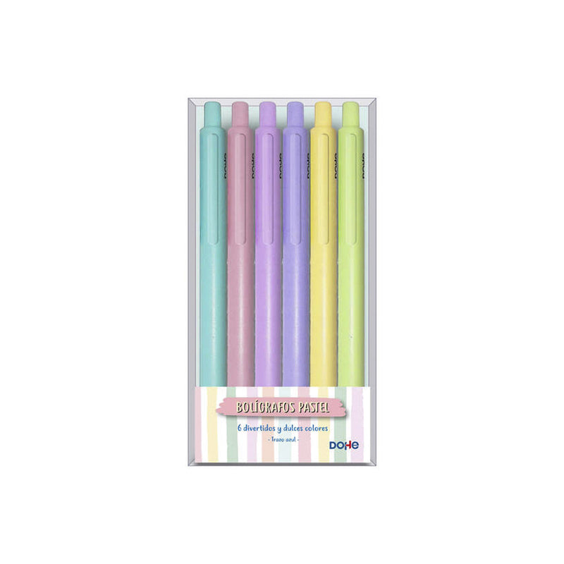 Dohe Pack de 6 Boligrafos Retractiles - Punta Bola Metalica de 1mm - Trazo de 0,4mm - Tinta Azul - Cuerpo en Tonos Pastel Surtidos