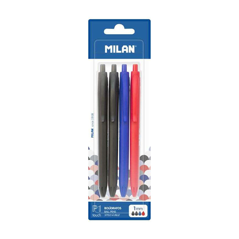 Milan P1 Touch Pack de 4 Boligrafos de Bola Retractiles - Punta Redonda 1mm - Tinta con Base de Aceite - Escritura Suave - 1.200m de Escritura - Color Negro x2, Azul y Rojo