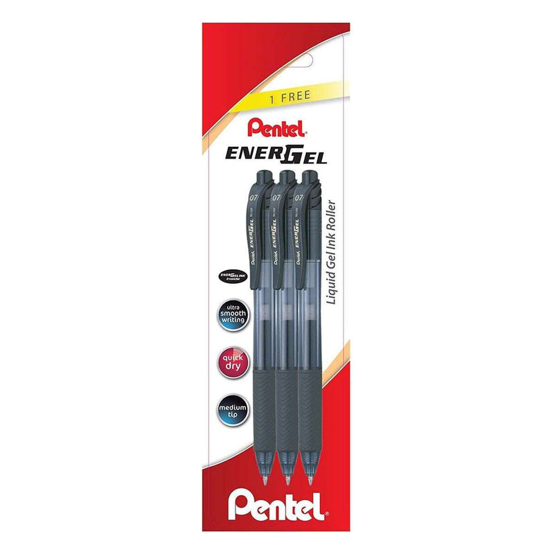 Pentel EnerGel X Pack de 3 Boligrafos de Bola Retractiles Tinta Gel - Punta 0.7mm - Trazo 0.35mm - Recargable - Grip de Agarre - 50% de Materiales Reciclados - Color Negro