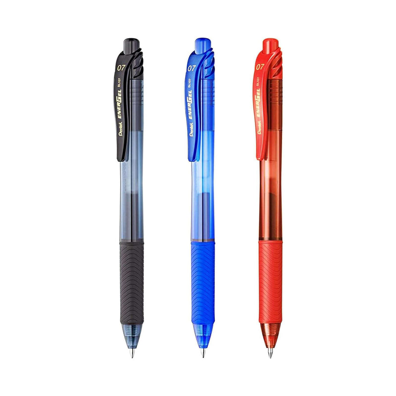 Pentel EnerGel X Pack de 3 Boligrafos de Bola Retractiles Tinta Gel - Punta 0.7mm - Trazo 0.35mm - Recargable - Grip de Agarre - 50% de Materiales Reciclados - Color Negro, Azul y Rojo