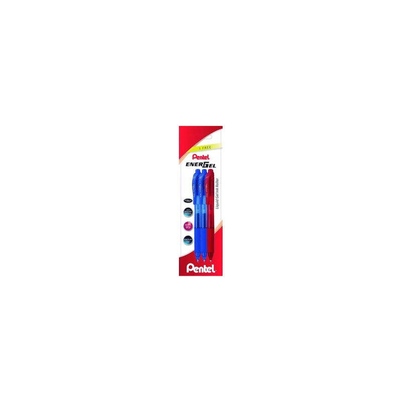 Pentel EnerGel X Pack de 3 Boligrafos de Bola Retractiles Tinta Gel - Punta 0.7mm - Trazo 0.35mm - Recargable - Grip de Agarre - 50% de Materiales Reciclados - Color 2x Azul y 1x Rojo