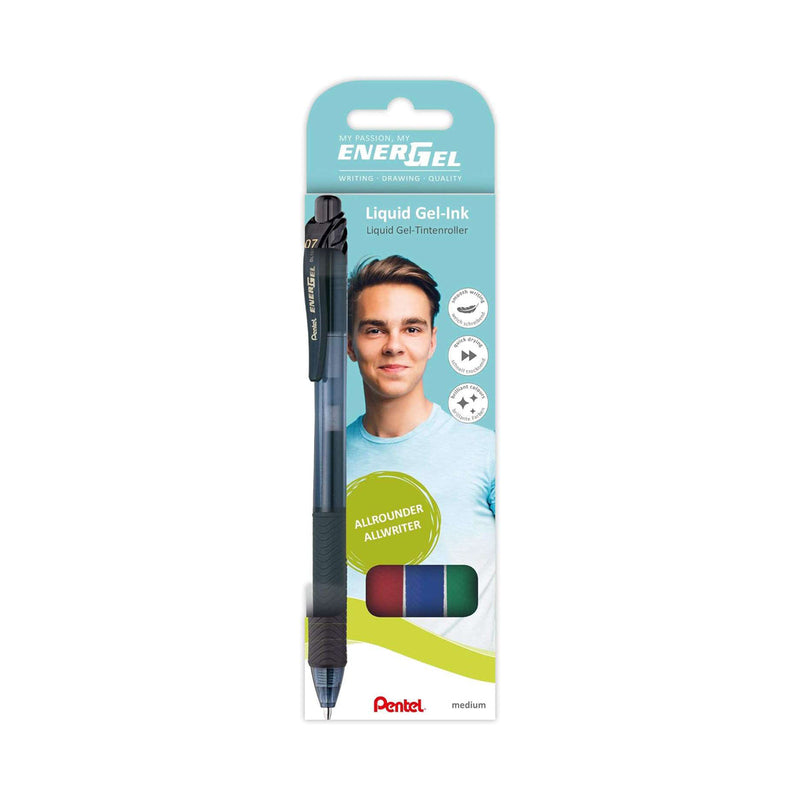 Pentel EnerGel X Pack de 4 Boligrafos de Bola Retractiles Tinta Gel - Punta 0.7mm - Trazo 0.35mm - Recargable - Grip de Agarre - 50% de Materiales Reciclados - Colores Surtidos