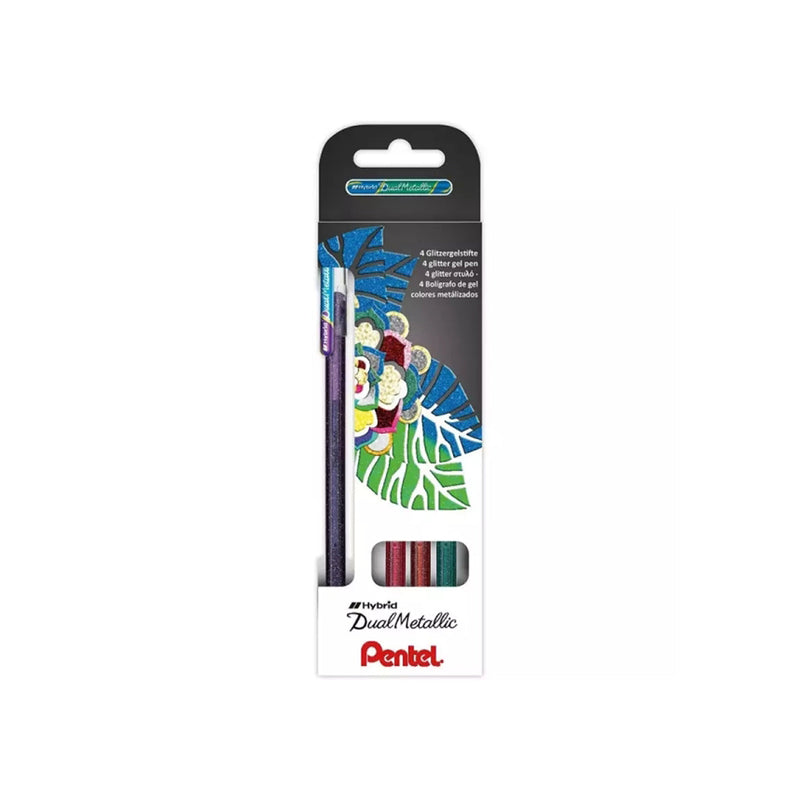 Pentel Hybrid Dual Metallic Pack de 4 Boligrafos de Bola con Tinta Gel Brillante - Punta 1mm - Trazo 0.5mm - Colores Brillantes Surtidos
