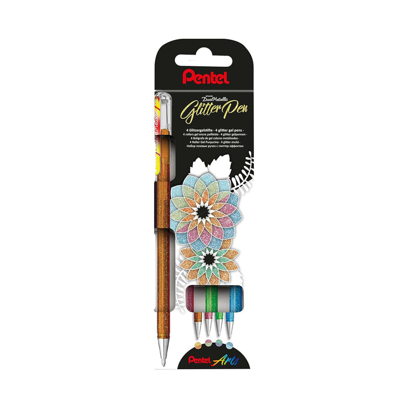 Pentel Hybrid Dual Metallic Pack de 4 Boligrafos de Bola con Tinta Gel Brillante - Punta 1mm - Trazo 0.5mm - Colores Brillantes Surtidos