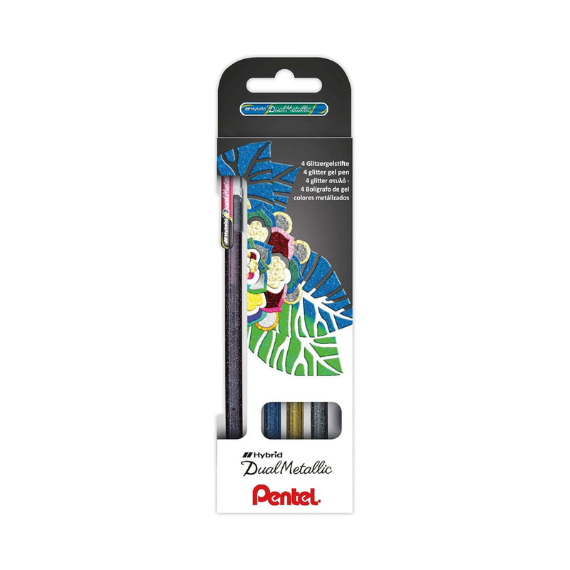Pentel Hybrid Dual Metallic Pack de 4 Boligrafos de Bola con Tinta Gel Brillante - Punta 1mm - Trazo 0.5mm - Colores Brillantes Surtidos