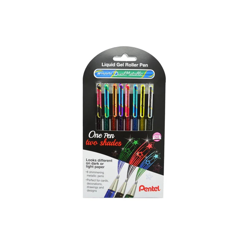 Pentel Hybrid Dual Metallic Pack de 8 Boligrafos de Bola con Tinta Gel Brillante - Punta 1mm - Trazo 0.5mm - Colores Brillantes Surtidos