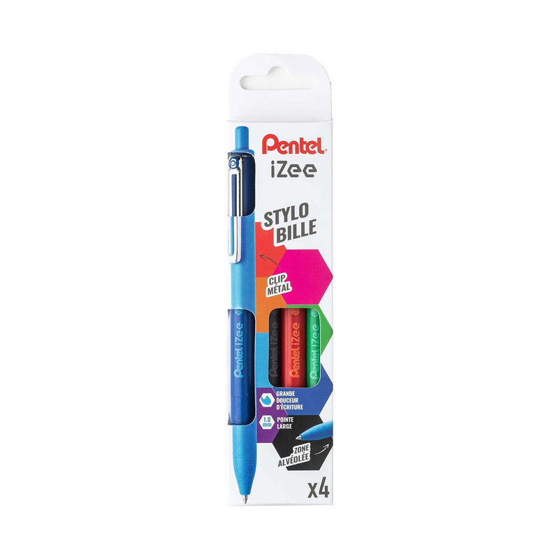 Pentel iZee Pack de 4 Boligrafos de Bola Retractiles - Punta 0.7mm - Trazo 0.35mm - Clip de Metal - Colores Negro, Azul, Rojo y Verde