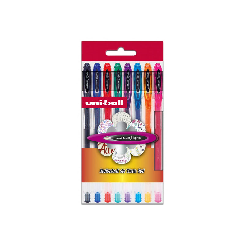 Uni-ball Signo Basico Pack de 8 Boligrafos de Tinta Gel - Punta de Bola 0.7mm - Tinta Resistente al Agua y Luz - Colores Surtidos