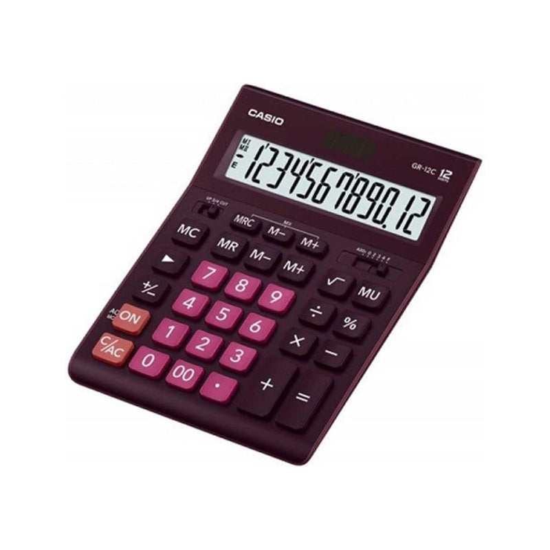 Casio GR-12C Calculadora de Sobremesa de 12 Digitos - Pantalla Extragrande - Simbolos de Comando de Funcion - Alimentacion Solar y Pilas - Color Burdeos