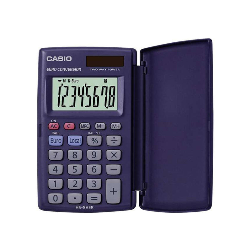 Casio HS-8VERA Calculadora de Bolsillo con Tapa - Pantalla LC Extragrande de 8 Digitos - Funcion Conversor de Euros - Color Azul Oscuro