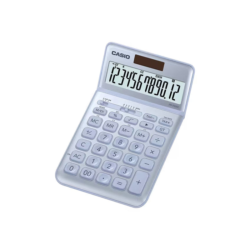 Casio JW-200SC Calculadora de Sobremesa 12 Digitos Inclinacion Ajustable - Simbolos de Comando de Funcion - Memoria Total General e Independiente - Alimentacion Solar y Pilas - Color Azul Claro