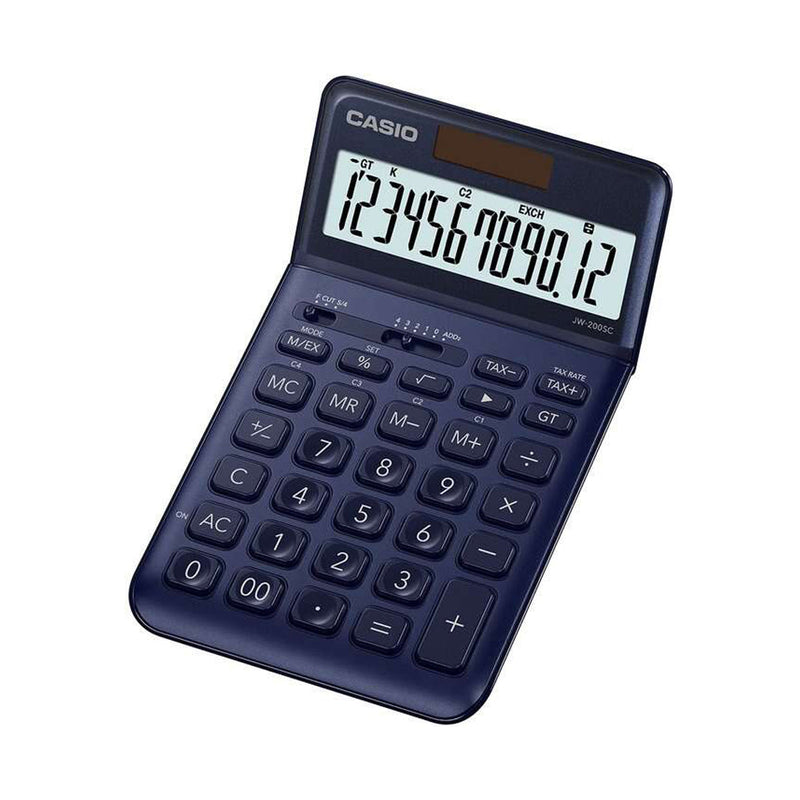 Casio JW-200SC Calculadora de Sobremesa 12 Digitos Inclinacion Ajustable - Simbolos de Comando de Funcion - Memoria Total General e Independiente - Alimentacion Solar y Pilas - Color Azul Marino