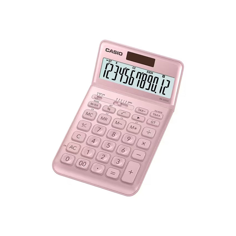 Casio JW-200SC Calculadora de Sobremesa 12 Digitos Inclinacion Ajustable - Simbolos de Comando de Funcion - Memoria Total General e Independiente - Alimentacion Solar y Pilas - Color Rosa
