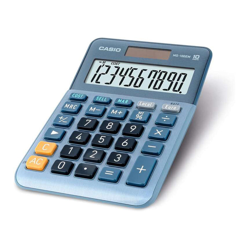 Casio MS-100EM Calculadora de Sobremesa Pequeña - Pantalla LCD de 10 Digitos - Alimentacion Solar y Pilas - Color Azul