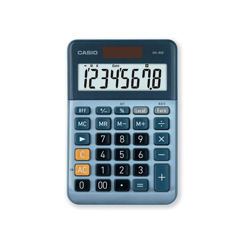 Casio MS80E Calculadora de Escritorio 8 Digitos - Tecla Doble Cero - Simbolos de Comando de Funcion - Calculo Avanzado de Porcentaje - Alimentacion Solar y Pilas - Color Azul