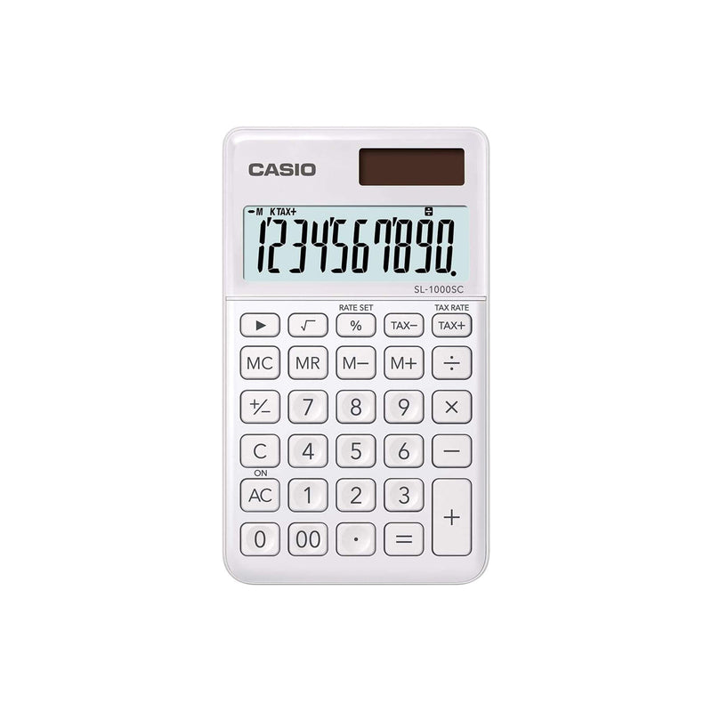 Casio SL-1000SC Calculadora de Bolsillo - Pantalla Extragrande de 10 Digitos - Alimentacion Solar y Pilas - Color Blanco
