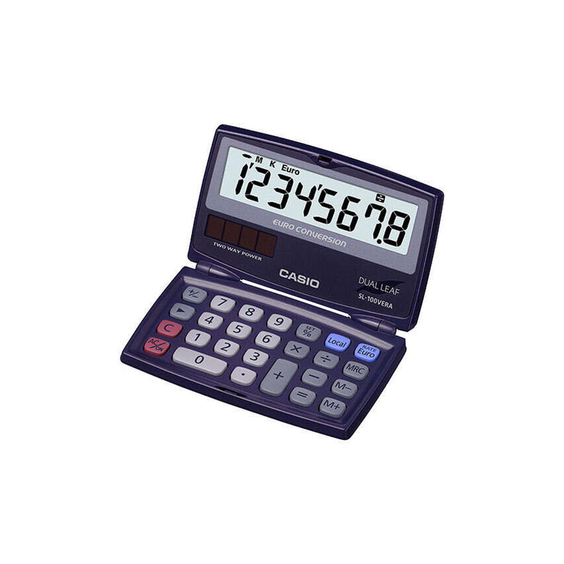 Casio SL-100VERA Calculadora de Bolsillo Tipo Concha - Pantalla LC Extragrande de 8 Digitos - Funcion Conversor de Euros - Color Azul Oscuro