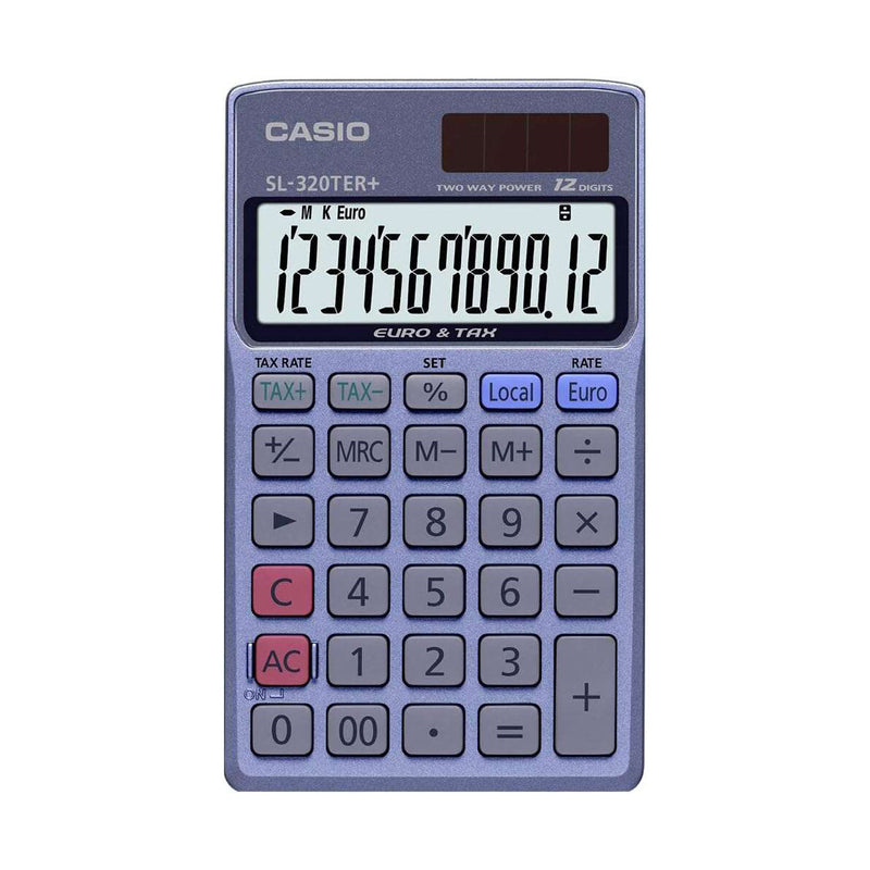 Casio SL-320TER+ Calculadora de Bolsillo - Pantalla LC Extragrande de 12 Digitos - Funcion Conversor de Euros - Color Azul